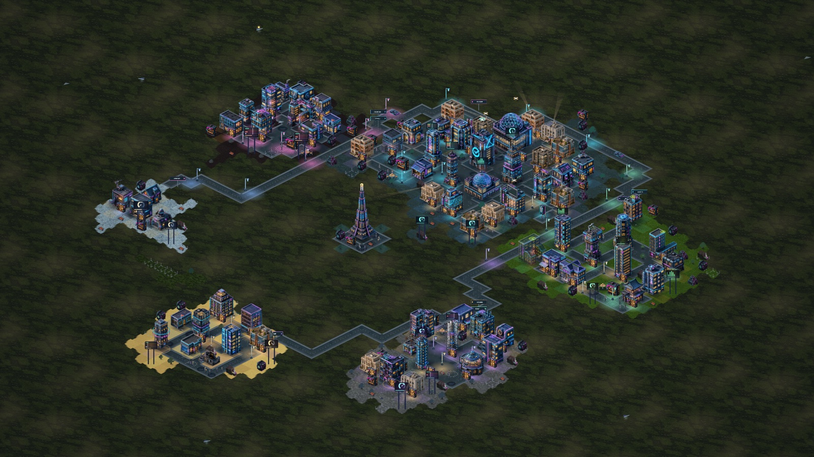 Moeapolis at night, with illuminated buildings and streets