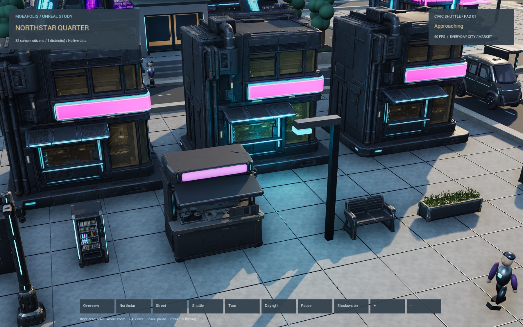 Unreal capture of a Northstar market street with a noodle kiosk, vending machine, bench, planter and illuminated shopfronts