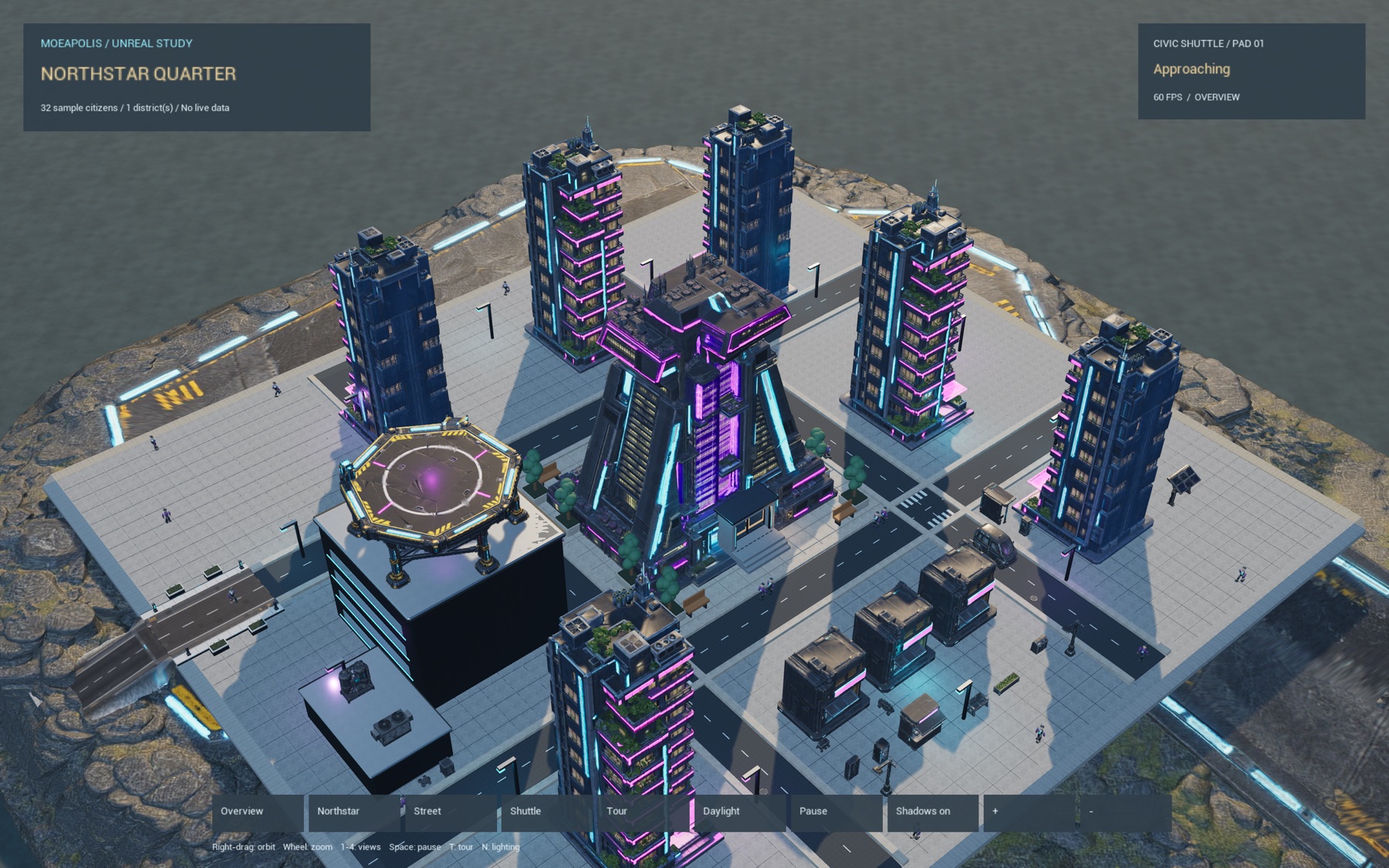 Actual Unreal development capture of Northstar: cyan and violet towers, a central landmark, market street and rooftop landing pad